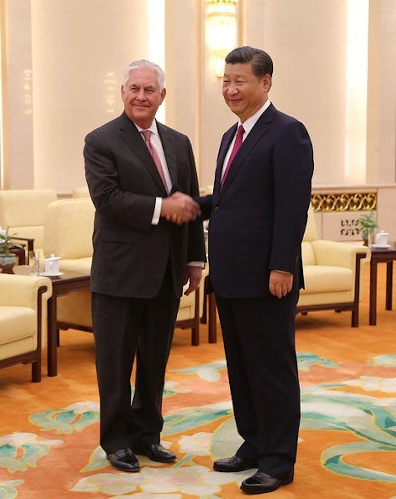 Former U.S. Secretary of State Rex Tillerson and current Chinese President Xi Jinping in China on September 30, 2017.