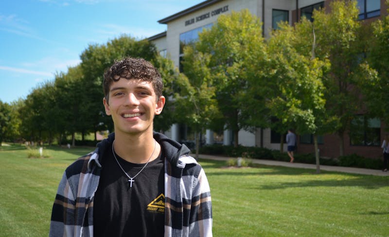  Freshman Brayden Gogis poses in front of the Euler Science Complex.
