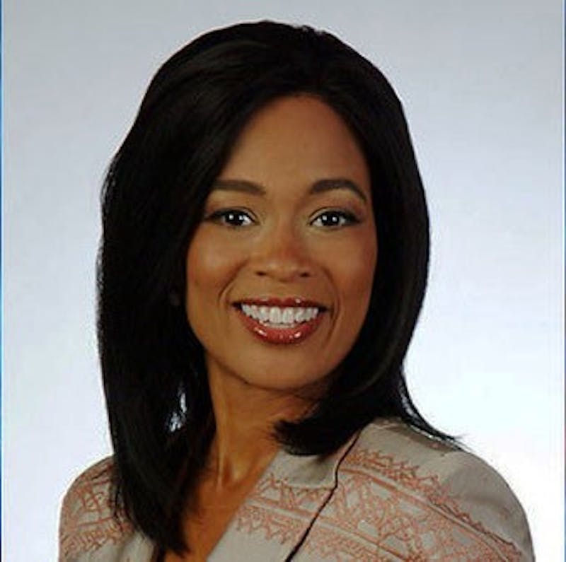 Fanchon Stinger, a news anchor for Fox59, visited Taylor for a media conference on April 26. (Photograph provided by Fox59)