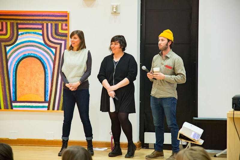 (Photograph by Mindy Wildman) Elizabeth Stehl Kleberg, Tal Gilboa and Matt Kleberg opened their exhibition by sharing their thoughts about their works.