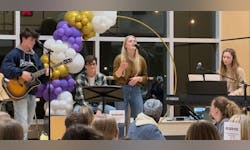 (from left) AJ Whitby (guitar), Peyton Tilson (cajon), Madison Raley (vocal), Kaitlyn Crawford (keyboard) perform their song (Photo provided by Todd Syswerda.