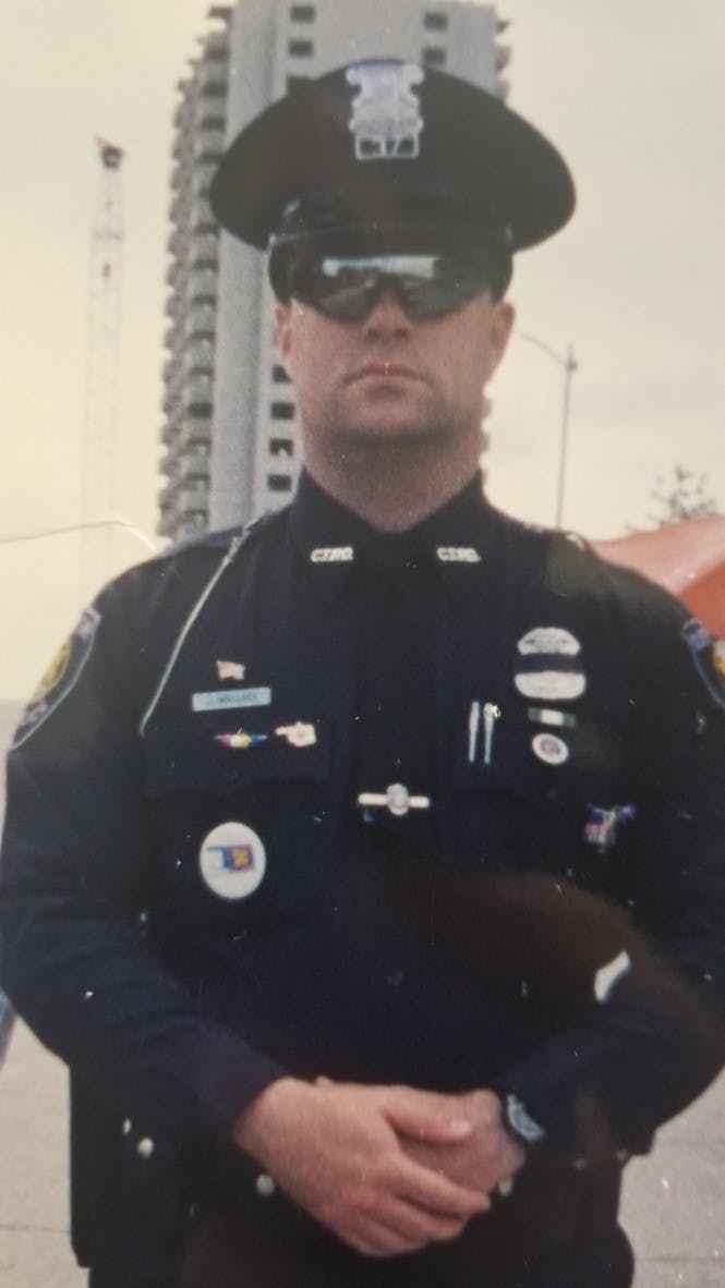 Jeff Wallace during his days serving in metro Detroit, and him today as Chief of Police at Taylor University.