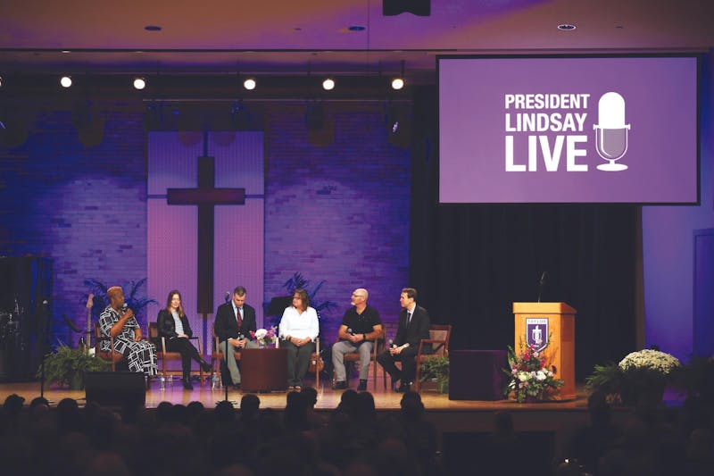 Kim Barnett-Johnson, Kara Metzler, and Rod and Donna Boatwright joined President Michael Lindsay for Lindsay Live during homecoming chapel.