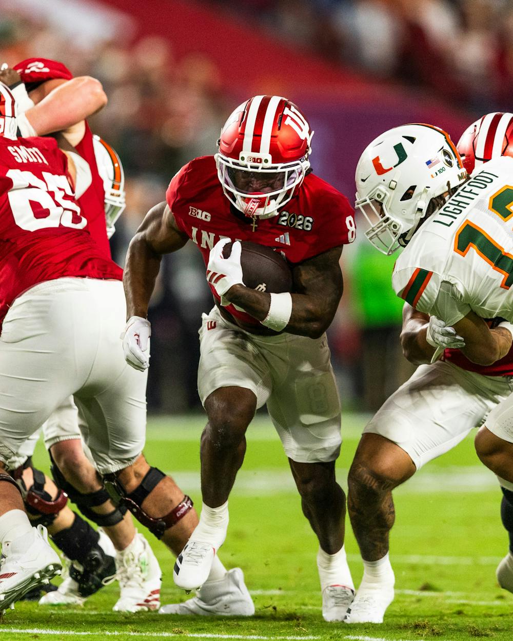 Kaelon Black runs the ball during Indiana's win over Miami in the College Football Playoff National Championship Game on Jan. 19, 2026. (HN photo/Kallan Graybill)