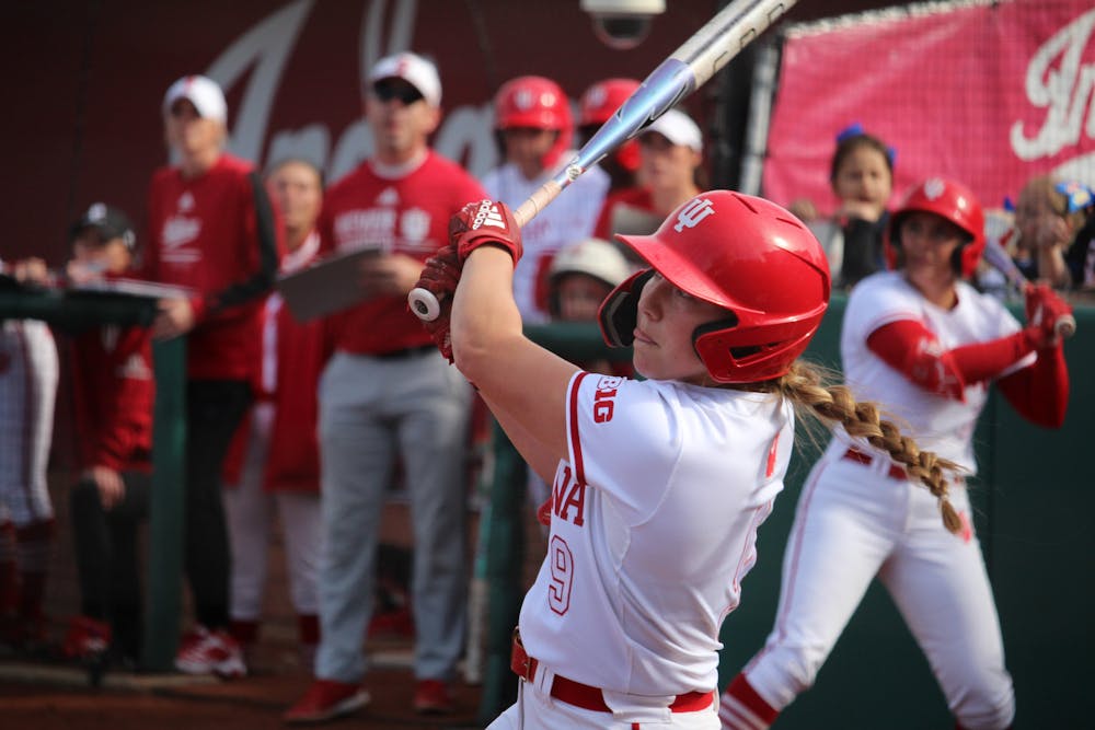 Freshman Taryn Kern puts a ball in play during Indiana softball’s loss to Wisconsin on March 5. (HN photo/Jaren Himelick)
