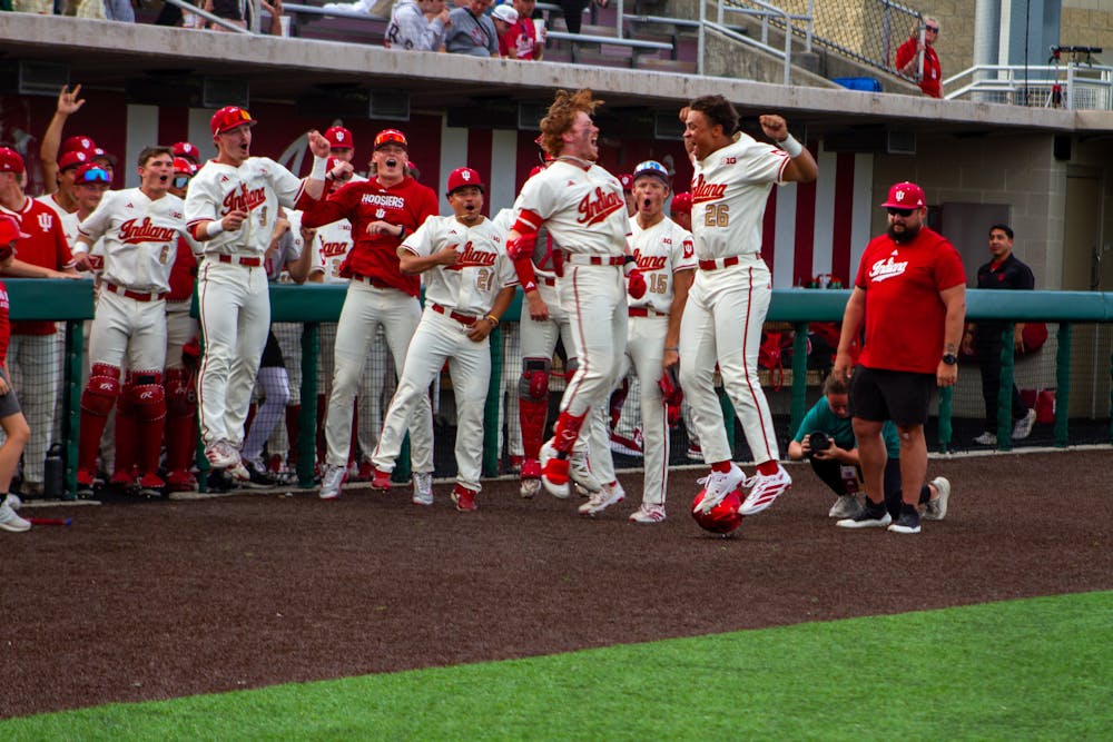 Owen ten Oever (26) and other Hoosiers celebrate during Indiana's win over Rutgers on April 3, 2026. (HN photo/Olivia Smith)