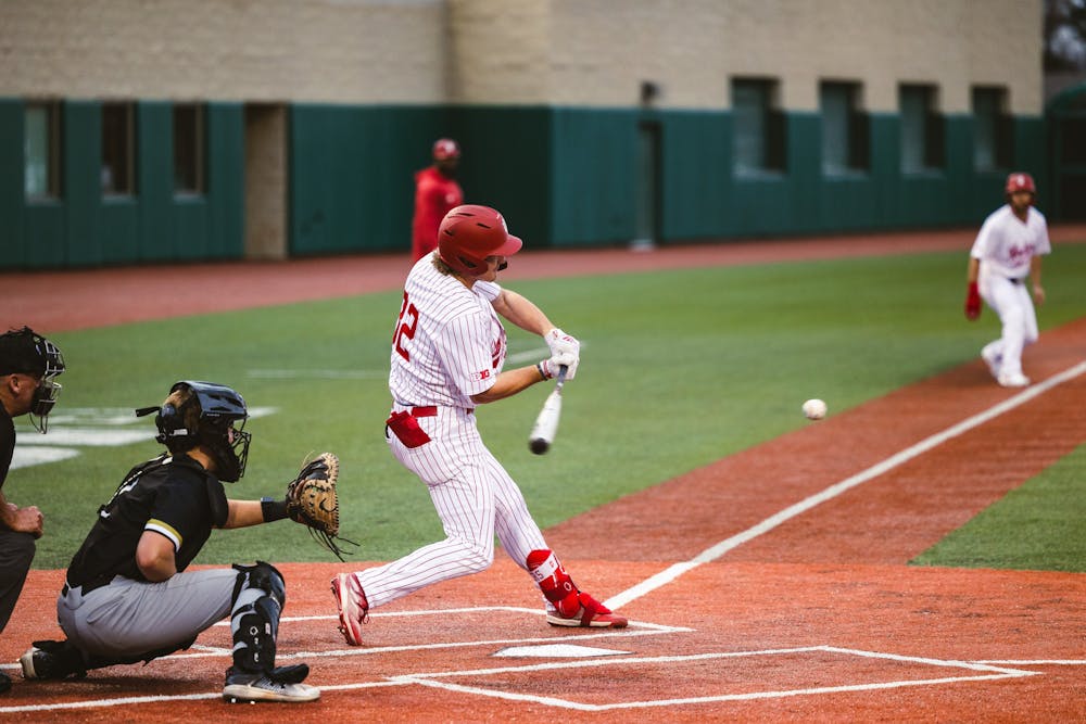 Josh Pyne swings at a pitch during Indiana's loss to Purdue Fort Wayne on Feb. 27, 2024. (HN photo/Kallan Graybill)