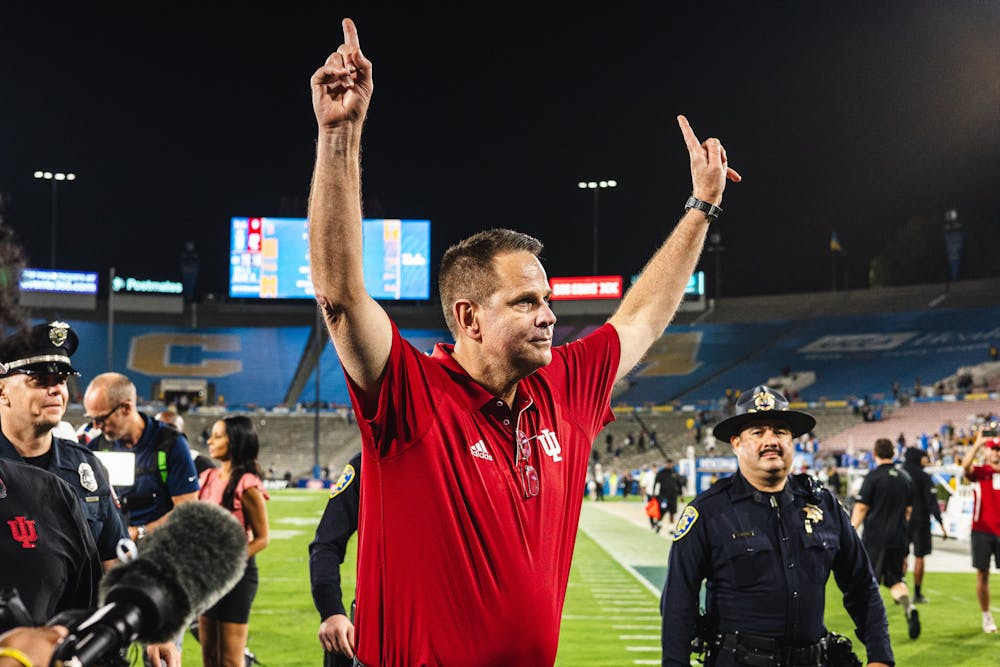 Head coach Curt Cignetti celebrates after Indiana's win over UCLA on Sept. 14, 2024. (HN photo/Kallan Graybill)