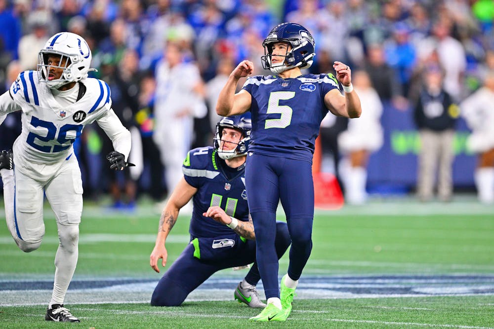 Jason Myers (5) of the Seattle Seahawks kicks a 56-yard field goal against the Indianapolis Colts during the fourth quarter at Lumen Field on Sunday, Dec. 14, 2025, in Seattle. (Jane Gershovich/Getty Images/TNS)