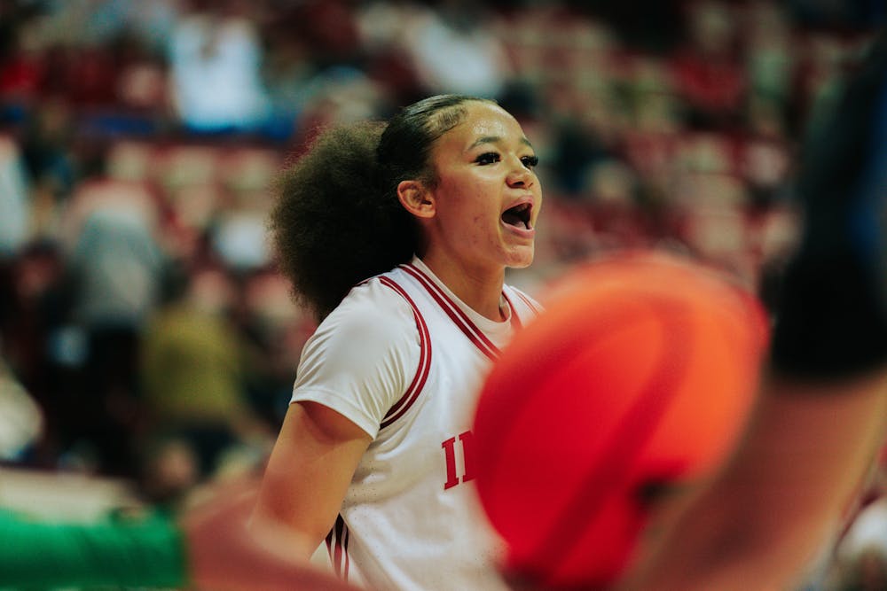 <p>Nevaeh Caffey calls out to teammates during Indiana&#x27;s win over Marshall on Nov. 11, 2025. (HN photo/Jake Weinberg)﻿</p>