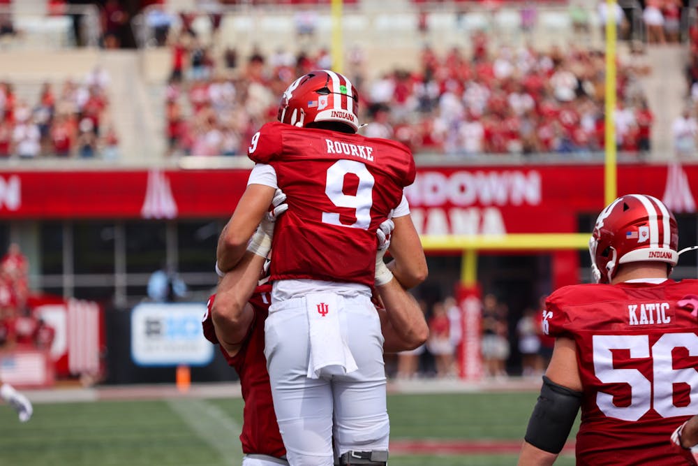 Indiana quarterback Kurtis Rourke celebrates in Indiana's 52-14 win over Charlotte on Sept. 21, 2024. (HN photo/Weber Michell)