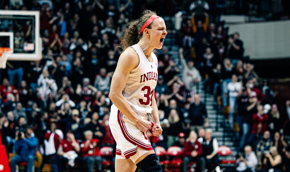 Grace Berger celebrates during Indiana's win over Ohio State on Jan. 26. (HN photo/Cam Schultz)