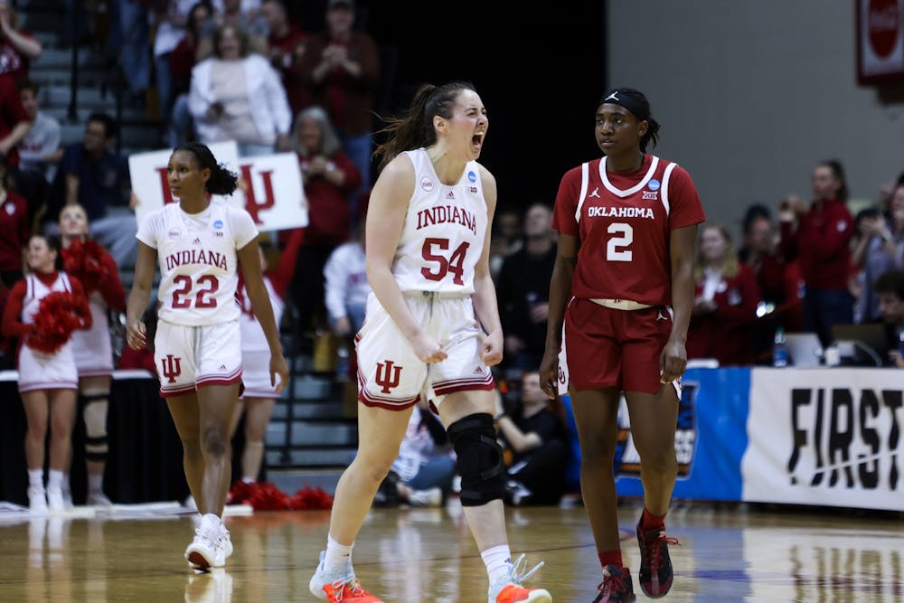Mackenzie Holmes cheers during Indiana's win over Oklahoma in the round of 32 of the NCAA Tournament on March 25, 2024. (HN photo/Jaren Himelick)