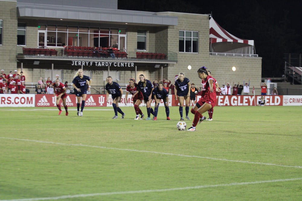 Grace Hamm scores her second goal of the game during Indiana's draw against Xavier on Sept. 4, 2025. (HN photo/Olivia Smith)