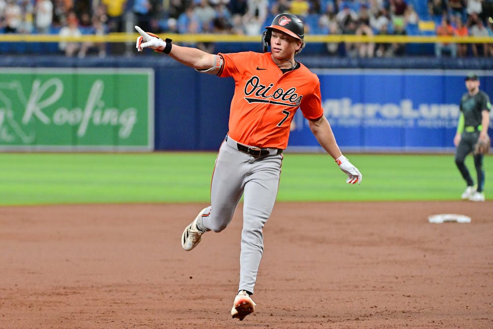 Jackson Holliday of the Baltimore Orioles rounds the bases after hitting a solo home run in the second inning against the Tampa Bay Rays at Tropicana Field on Saturday, Aug. 10, 2024, in St. Petersburg, Florida. (Julio Aguilar/Getty Images/TNS)