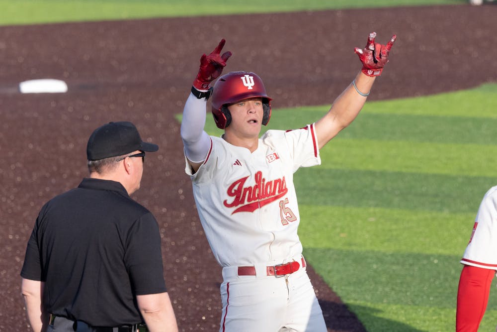 Cooper Malamazian signals to the dugout in celebration during Indiana's win over Minnesota on March 20, 2026. (HN photo/Dapho Sproles)