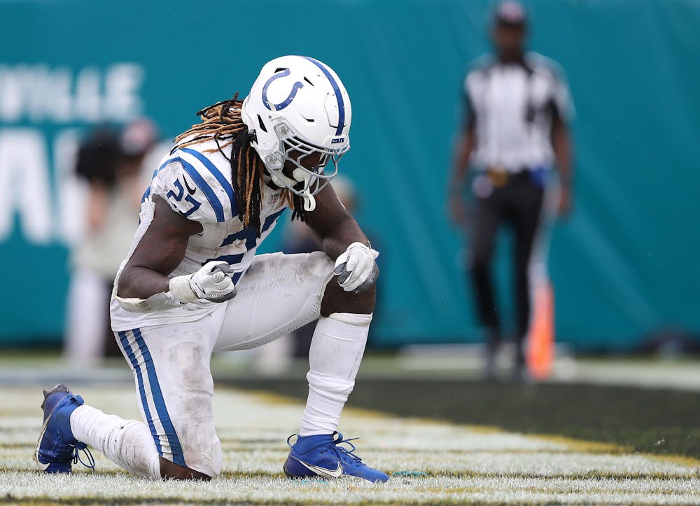 Trey Sermon (27) of the Indianapolis Colts reacts after scoring a touchdown during the fourth quarter against the Jacksonville Jaguars at EverBank Stadium on Sunday, Oct. 6, 2024, in Jacksonville, Florida. (Courtney Culbreath/Getty Images/TNS)