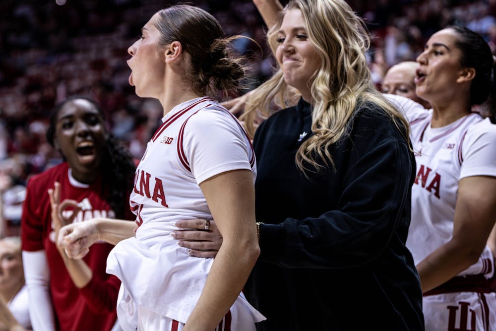 Shay Ciezki celebrates in the 72-56 win over UIC on Nov. 7, 2025. (HN photo/Carson Burkhart)