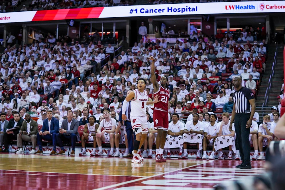 Mackenzie Mgbako shoots a 3 during Indiana's loss to Wisconsin on Feb. 4, 2025. (HN photo/Danielle Stockwell)