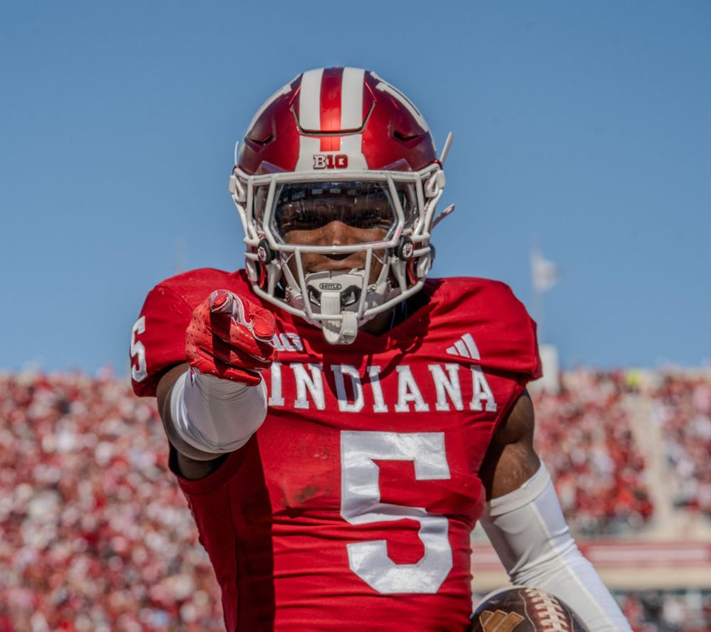 Indiana defensive back D’Angelo Ponds points to the camera after a pick-six in a  31-17 win over Washington on Oct. 26, 2024. (HN photo/Danielle Stockwell)