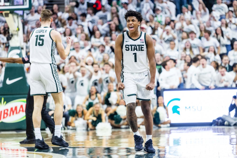 Michigan State redshirt sophomore guard Jeremy Fears Jr. (1) celebrates during a basketball game between No. 7 Michigan State and No. 3 Michigan at the Breslin Center in East Lansing on Friday, Jan. 30, 2026. Michigan defeated Michigan State, 83-71. (Devin Anderson-Torrez/Tribune Content Agency)