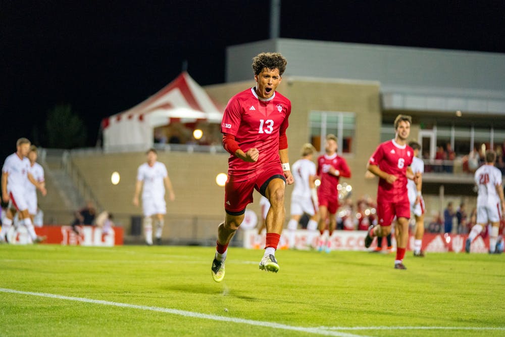 Alex Barger celebrates his goal during Indiana's win over Wisconsin on Oct. 21, 2025. (HN photo/J.T. Frenzel)