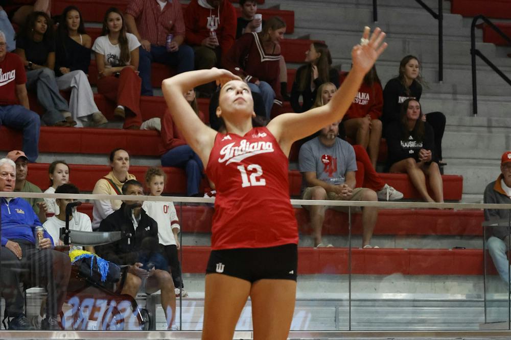 <p>Teodora Kričković serves during Indiana&#x27;s win over UCLA on Thursday, Sept. 24, 2026. (HN photo/Olivia Smith)</p>