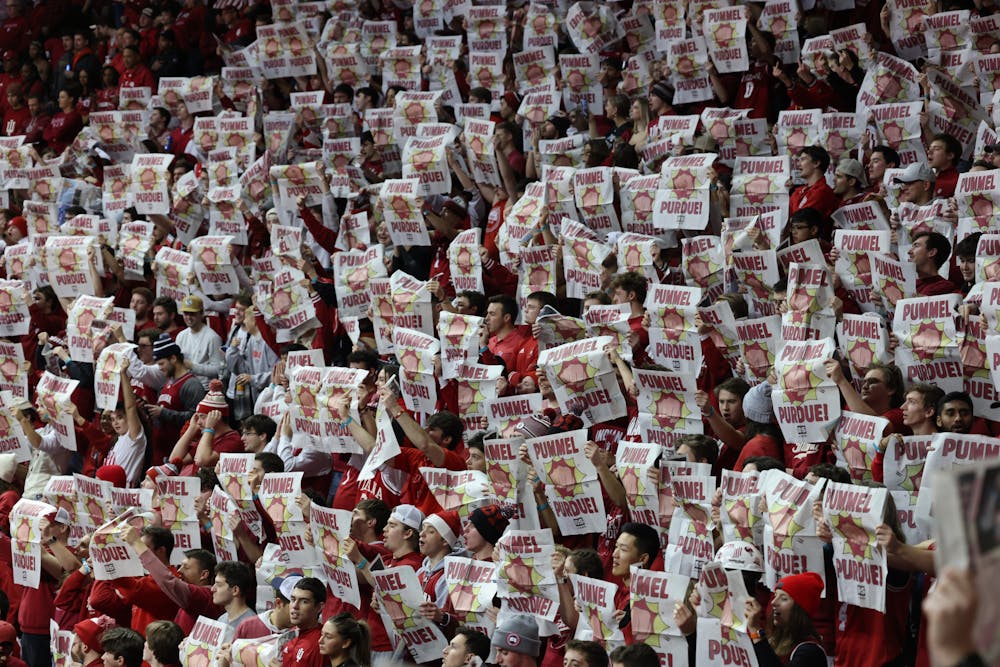 <p>Indiana fans hold up special copies of the Indiana Daily Student before Indiana&#x27;s win over top-ranked Purdue on Feb. 4. (HN photo/Eden Snower)﻿</p>