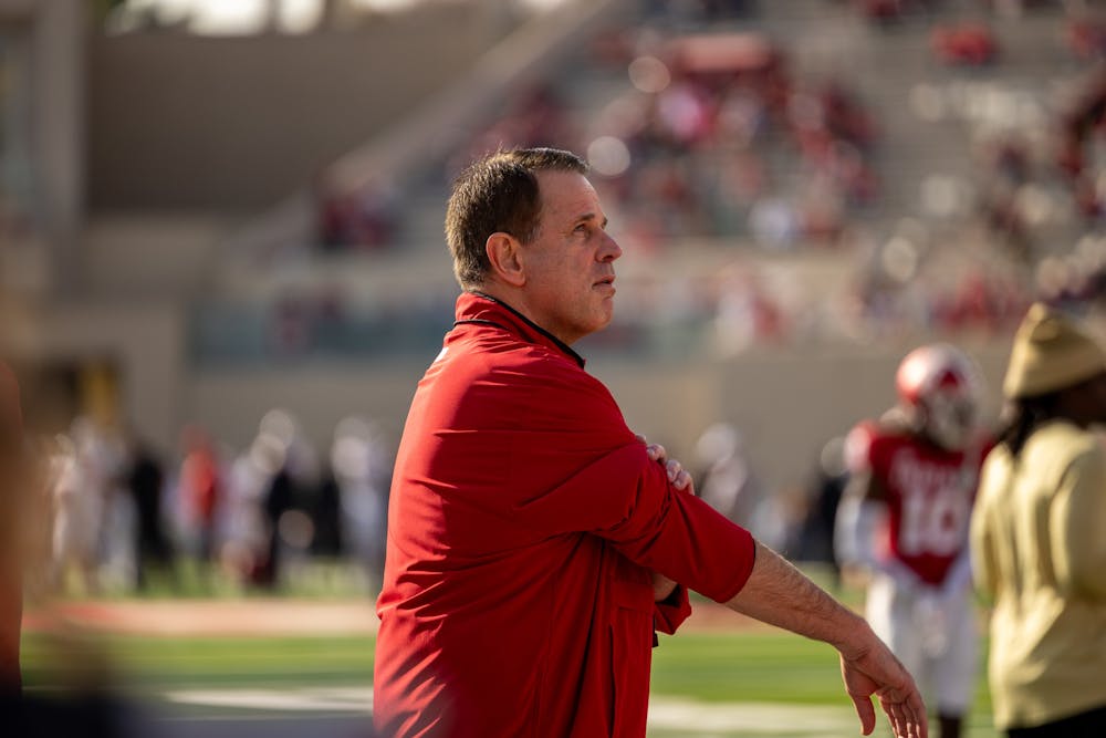 Curt Cignetti walks the field during warmups before Indiana’s win over Wisconsin on Nov. 15, 2025. (HN photo/Brady Owen)