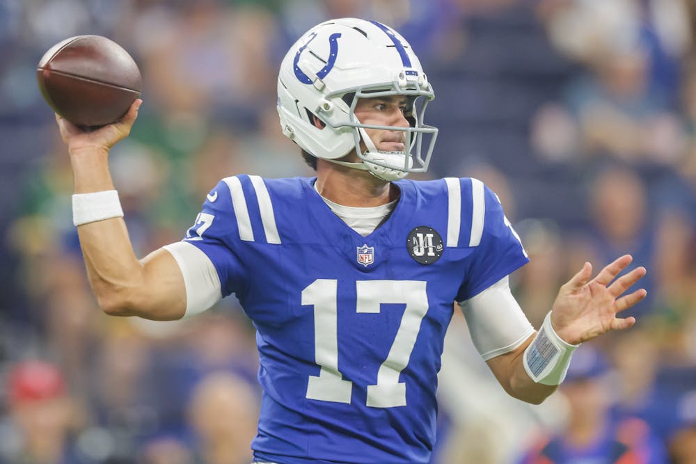 Daniel Jones (17) of the Indianapolis Colts throws the ball during the NFL reseason game against Green Bay Packers at Lucas Oil Stadium on Aug. 16, 2025, in Indianapolis. (Michael Hickey/Getty Images/TNS)