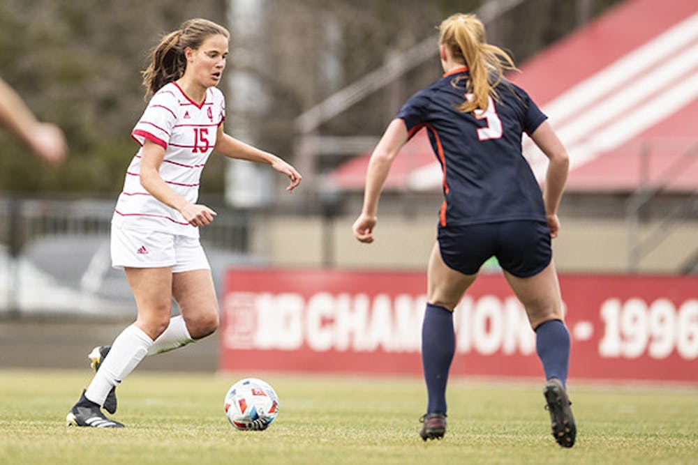 Defender Hanna Németh of the Indiana Hoosiers is pictured during the game between the Illinois Fighting Illini and the Indiana Hoosiers on March 13, 2021 at Armstrong Stadium in Bloomington, IN. Photo By Missy Minear/Indiana Athletics