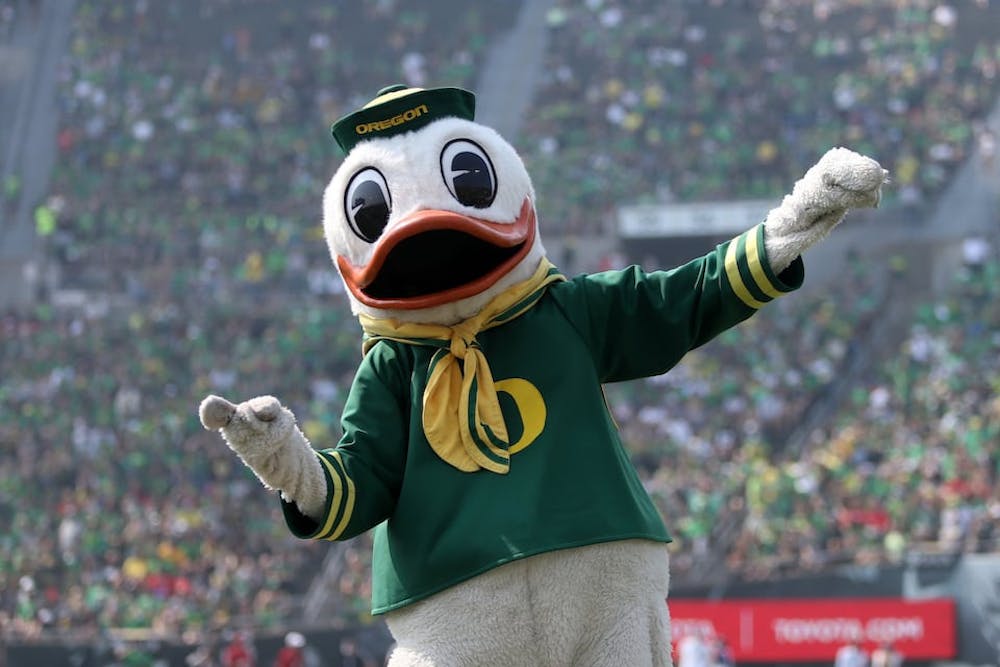 The Oregon Duck mascot as the No. 11 Oregon Ducks face the Fresno State Bulldogs in a college football game at Autzen Stadium in Eugene, Oregon on Saturday, Sept. 4, 2021. (Sean Meagher/Tribune Content Agency)