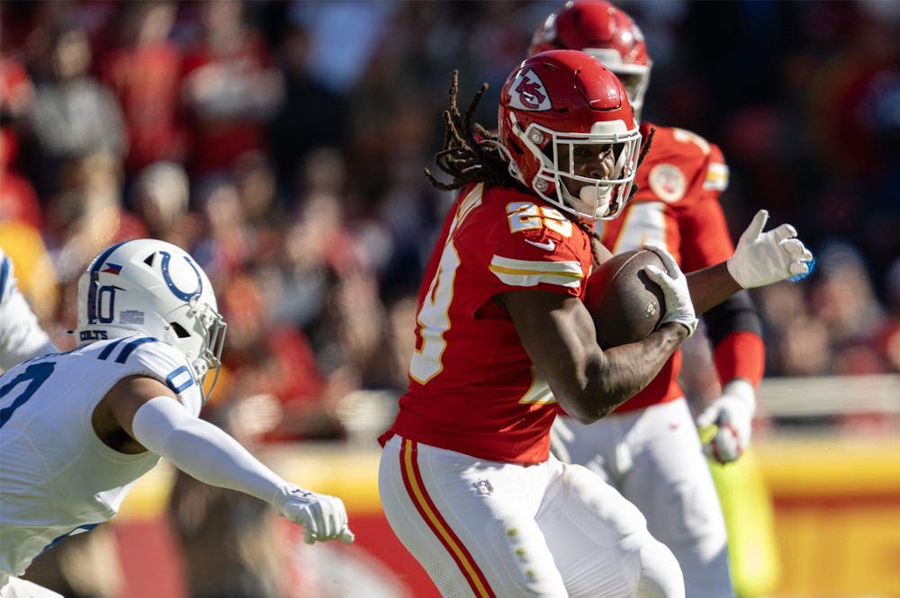 Chiefs running back Kareem Hunt (No. 29) carries the ball during an NFL Week 12 game against the Indianapolis Colts at GEHA Field at Arrowhead Stadium in Kansas City on Sunday, Nov. 23, 2025. (Tammy Ljungblad/Tribune Content Agency)