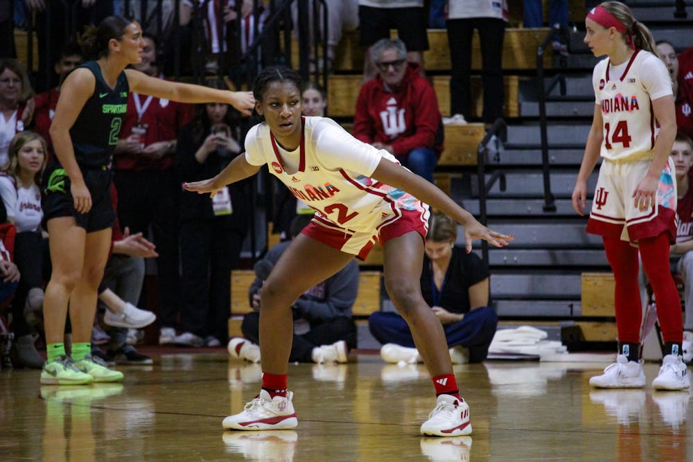 Chloe Moore-McNeil defends during Indiana's win over Michigan State on Feb. 8, 2024. (HN photo/Jaren Himelick)
