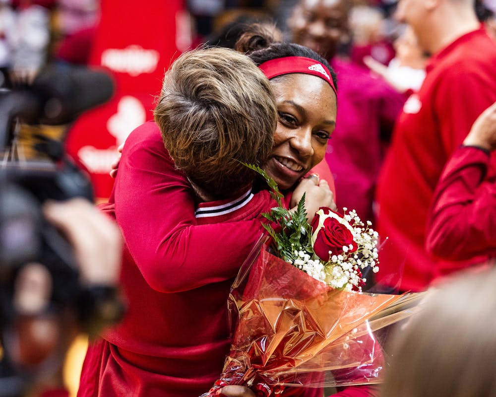 Chloe Moore-McNeil embraces head coach Teri Moren during Senior Night ceremonies prior to Indiana's loss to Maryland on Feb. 27, 2025. (HN photo/Kallan Graybill)