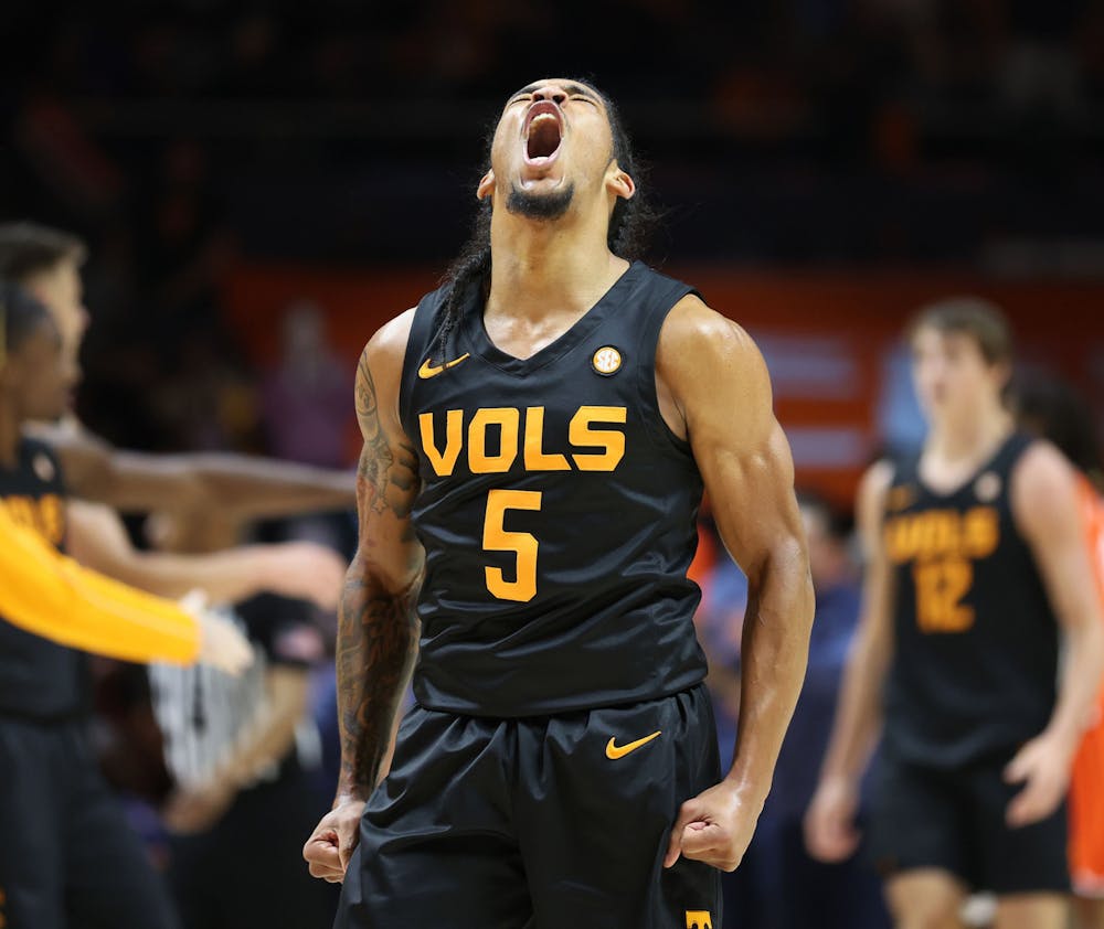 Tennessee Volunteers guard Zakai Zeigler (5) reacts to a play against Syracuse during the ACC/SEC Mens basketball Challenge at Thompson-Boling Arena Tuesday, Dec. 3, 2024, in Knoxville, TN (Scott Schild | sschild@syracuse.com | Tribune Content Agency)