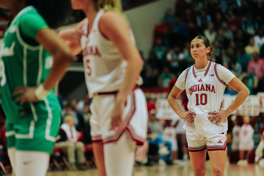 Shay Ciezki looks on before a free throw during Indiana's win over Marshall on Nov. 11, 2025. (HN photo/Jake Weinberg)