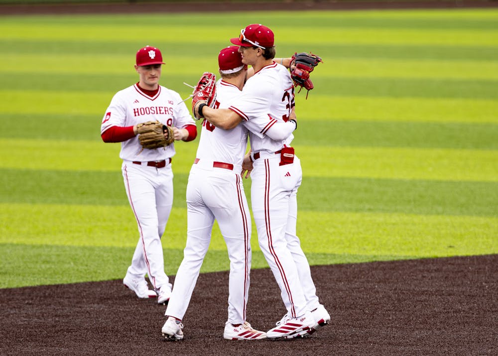 Indiana players embrace during Indiana's win over Bradley on Feb. 17, 2026. (HN photo/Brady Owen)