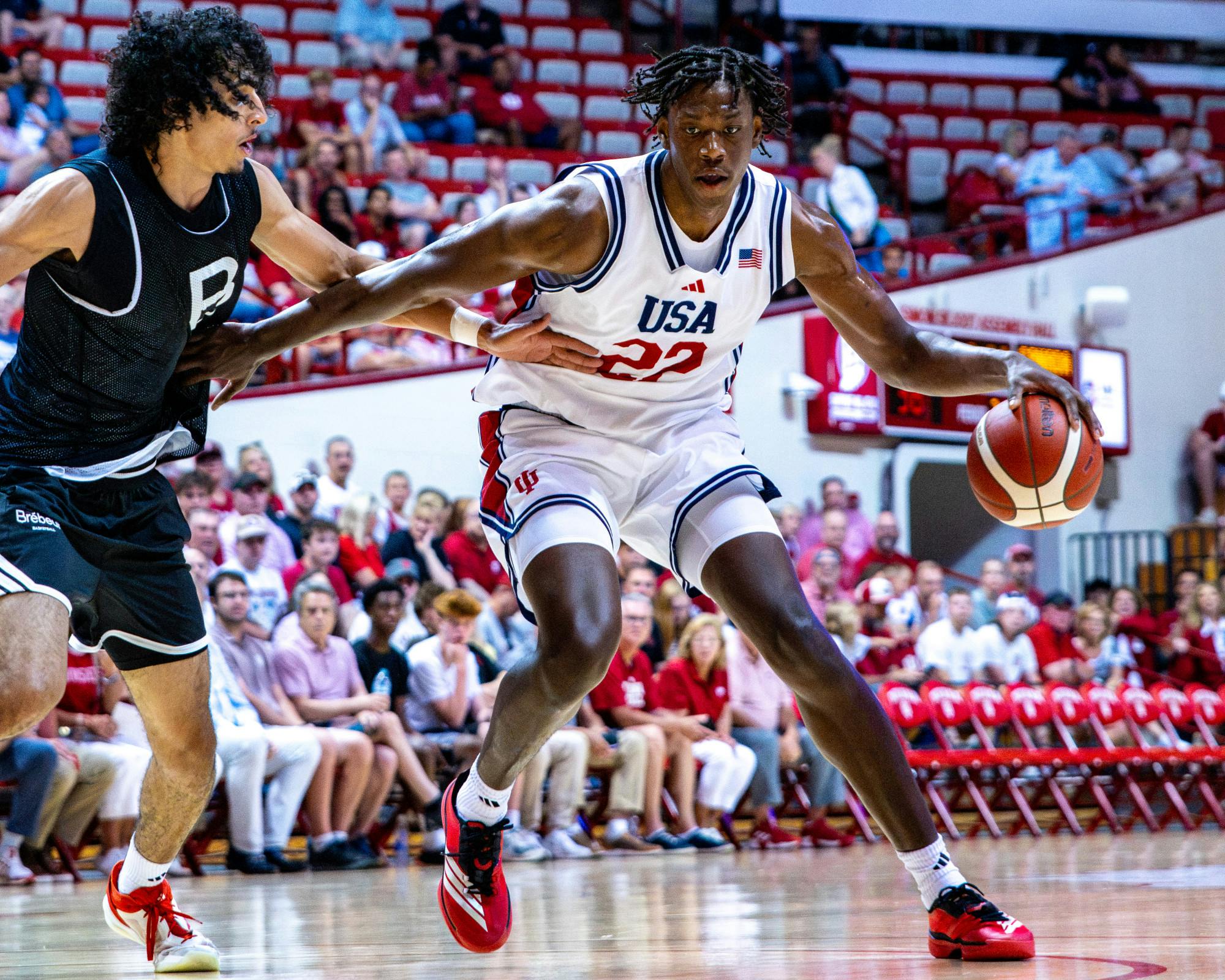 Aiden Sherrell drives during Indiana's exhibition win over Collège Jean-de-Brébeuf (Team Canada) on July 15, 2026 as Simon Skjodt Assembly Hall. (HN photo/Lauren McKinney)