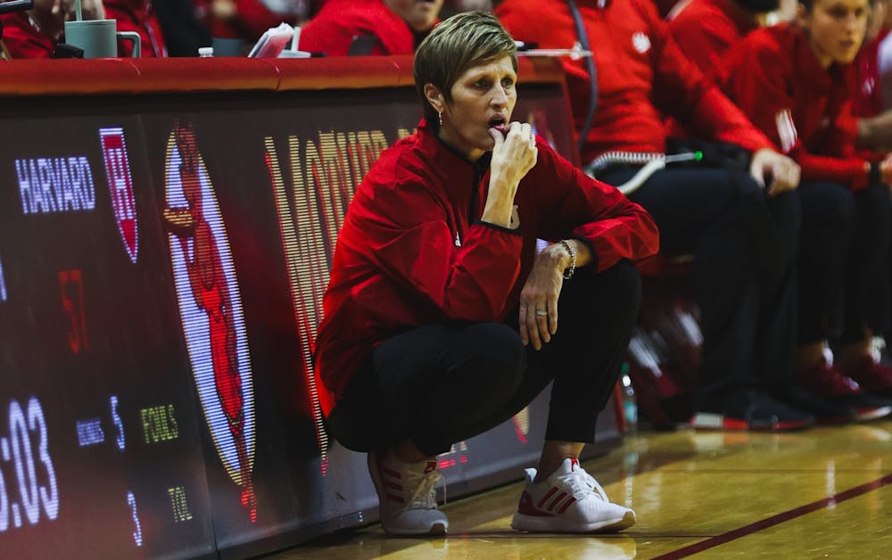 Teri Moren watches from the sideline during Indiana's loss to Harvard on Nov. 8, 2024. (HN photo/Weber Michell)