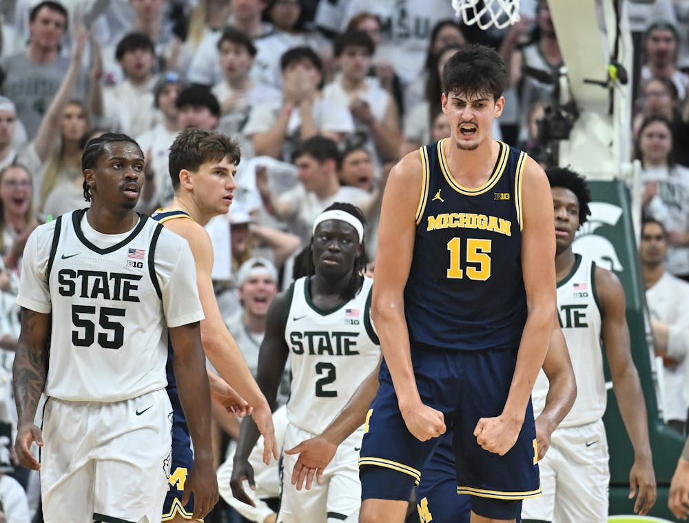 Michigan's Aday Mara reacts after blocking a shot in the second half at the Breslin Center in East Lansing, Michigan on January 30, 2026. (Daniel Mears, The Detroit News, Tribune Content Agency)