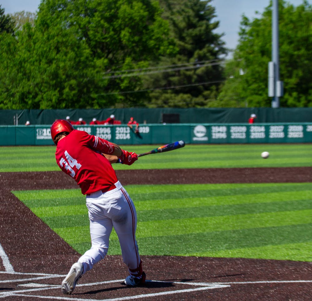 Jake Hanley puts a ball in play during Indiana's loss to Iowa on April 26, 2026. (HN photo/Olivia Smith)