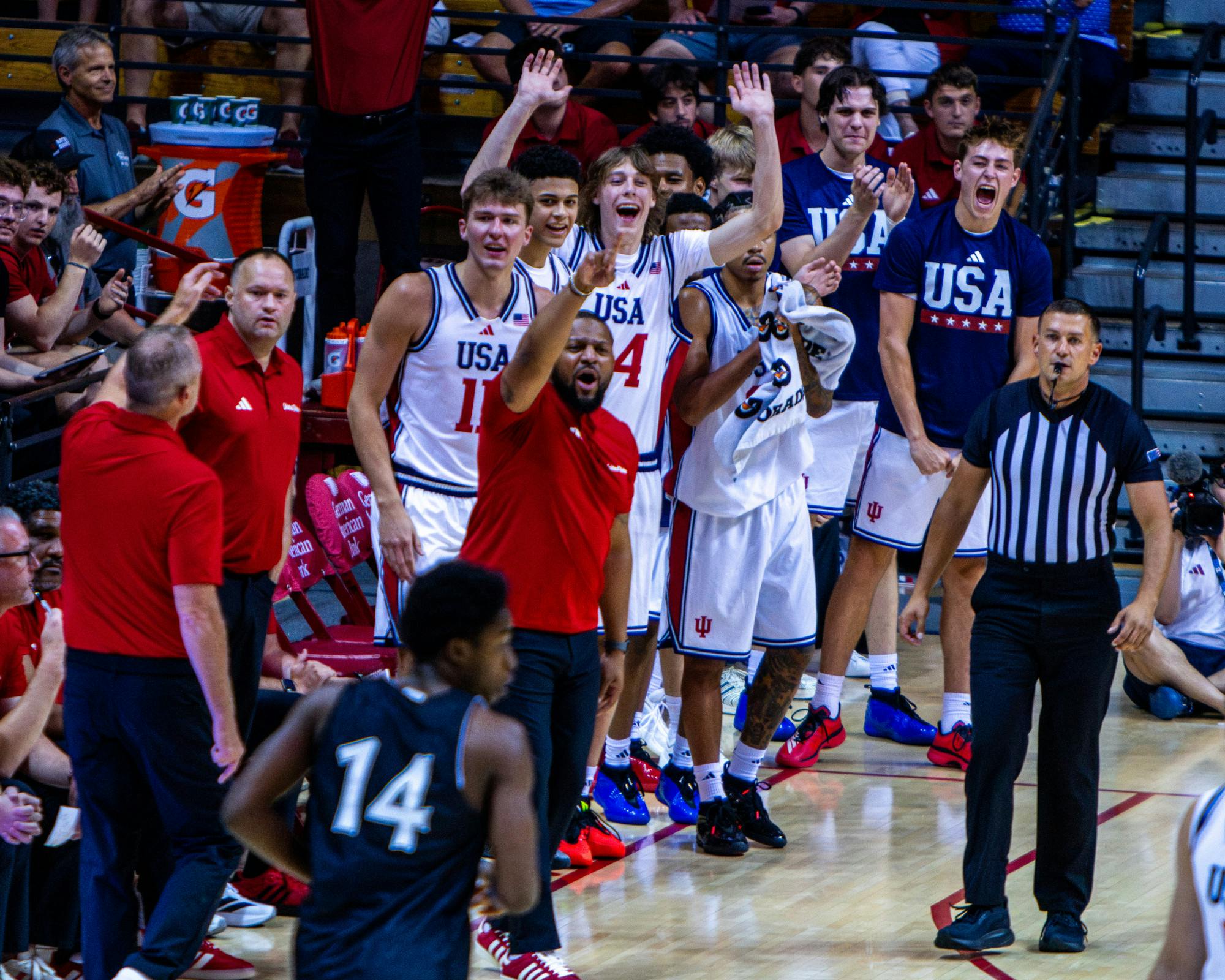 Indiana's bench celebrates during Indiana's exhibition win over Collège Jean-de-Brébeuf (Team Canada) on July 15, 2026 as Simon Skjodt Assembly Hall. (HN photo/Lauren McKinney)