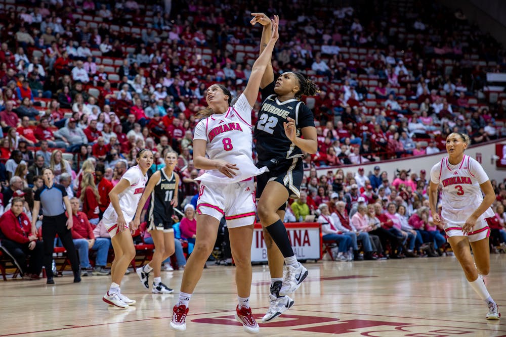 Edessa Noyan defends a shot from Purdue's Kendall Puryear during Indiana's win over Purdue on Feb. 8, 2026. (HN photo/Lauren McKinney)