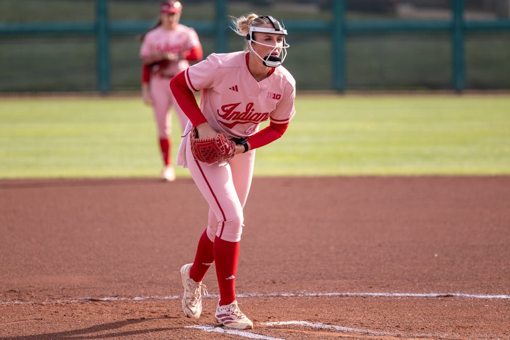 Aubree Hooks looks to her catcher during Indiana's loss to Rutgers on March 15, 2026. (HN photo/Lindsey Soet)