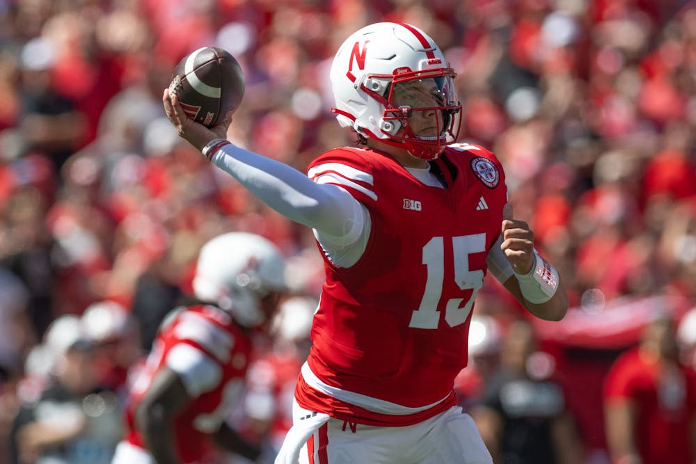Dylan Raiola (15) of the Nebraska Cornhuskers passes against the UTEP Miners in the first quarter at Memorial Stadium on Saturday, Aug. 31, 2024, in Lincoln, Nebraska. (Steven Branscombe/Getty Images/TNS)