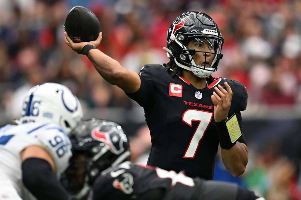 C.J. Stroud (7) of the Houston Texans throws a pass during the fourth quarter against the Indianapolis Colts at NRG Stadium on Oct. 27, 2024, in Houston, Texas. (Jack Gorman/Getty Images/TNS)