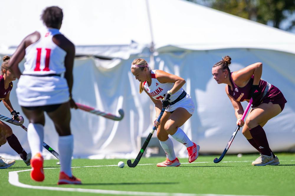 Molly Stutte handles the ball during the Indiana vs Central Michigan Field Hockey Game at Deborah Tobias Field on Monday, Sept. 7, 2026. (HN photo/Lauren McKinney)