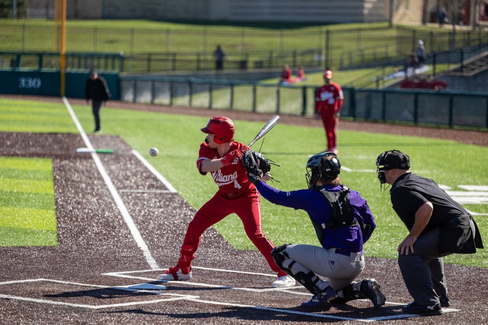 Will Moore watches a pitch during Indiana's loss to Washington on March 8, 2026. (HN photo/Lindsey Soet)