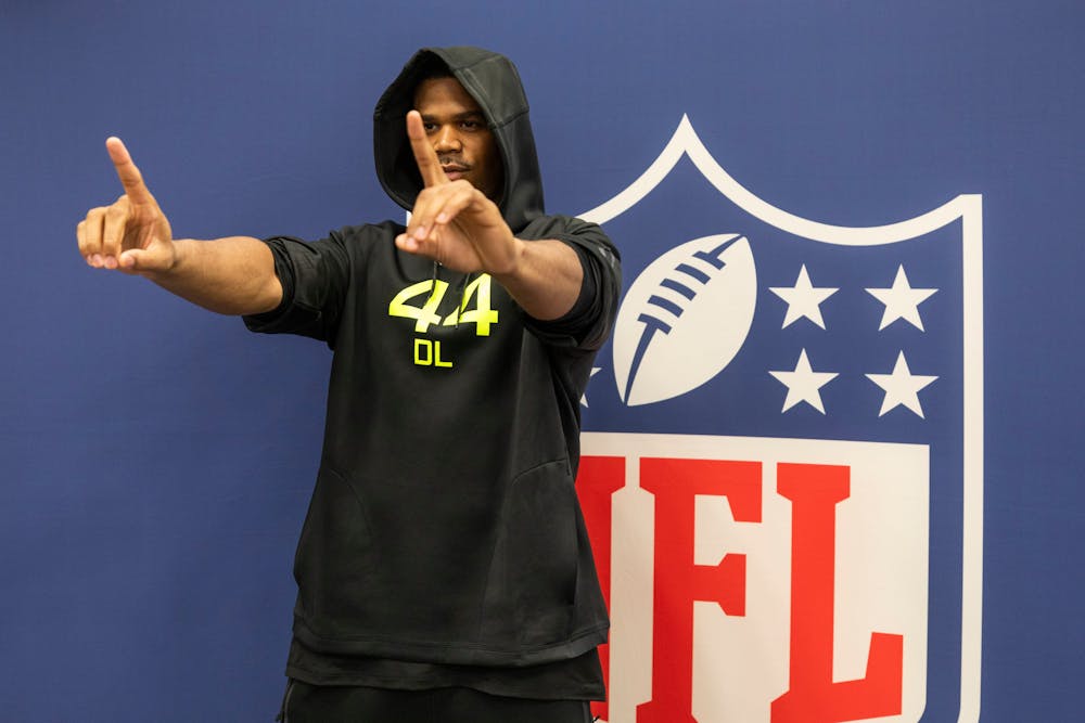 Former Penn State defensive end Abdul Carter strikes the ST1X C1TY pose during the NFL Combine media session on Feb. 26, 2025.
(Joe Hermitt | jhermitt@pennlive.com | Tribune Content Agency)